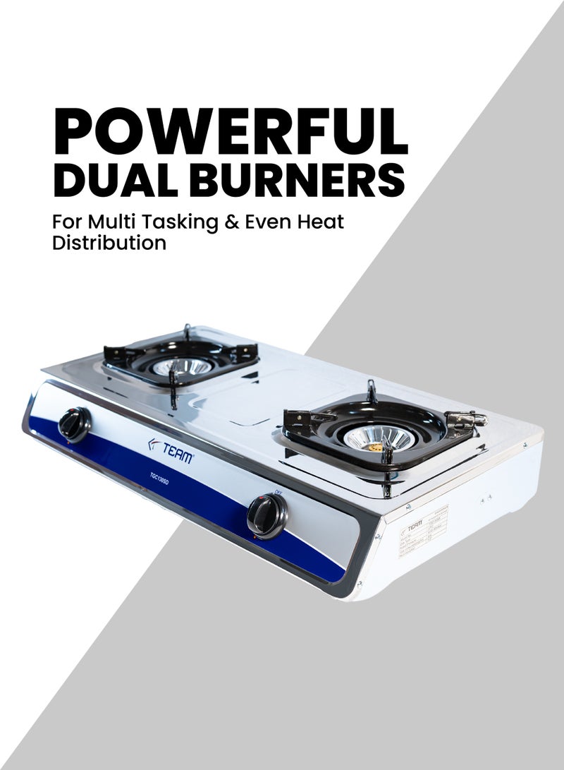 TEAM Double Burner Gas Cooker with Safety Device – Auto Ignition System, Stainless Steel Body, Whirlwind Focus Flame, High Heat Efficiency, Portable 2 Burner Gas Stove for Home & Outdoor Cooking - Image 4